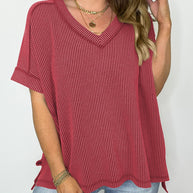 WW | Cord-Ripp V-Ausschnitt Kurzarm T-Shirt