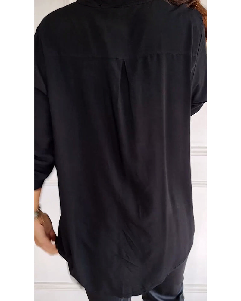 WW - Schicke Bluse mit Knopfleiste und Paillettenbesatz für Damen | Elegante Langarmbluse mit Paillettentasche
