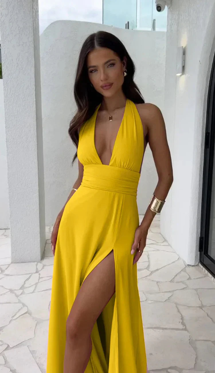W&W Mode | Sexy tiefes V-Ausschnitt Split Solid Farben Kleid