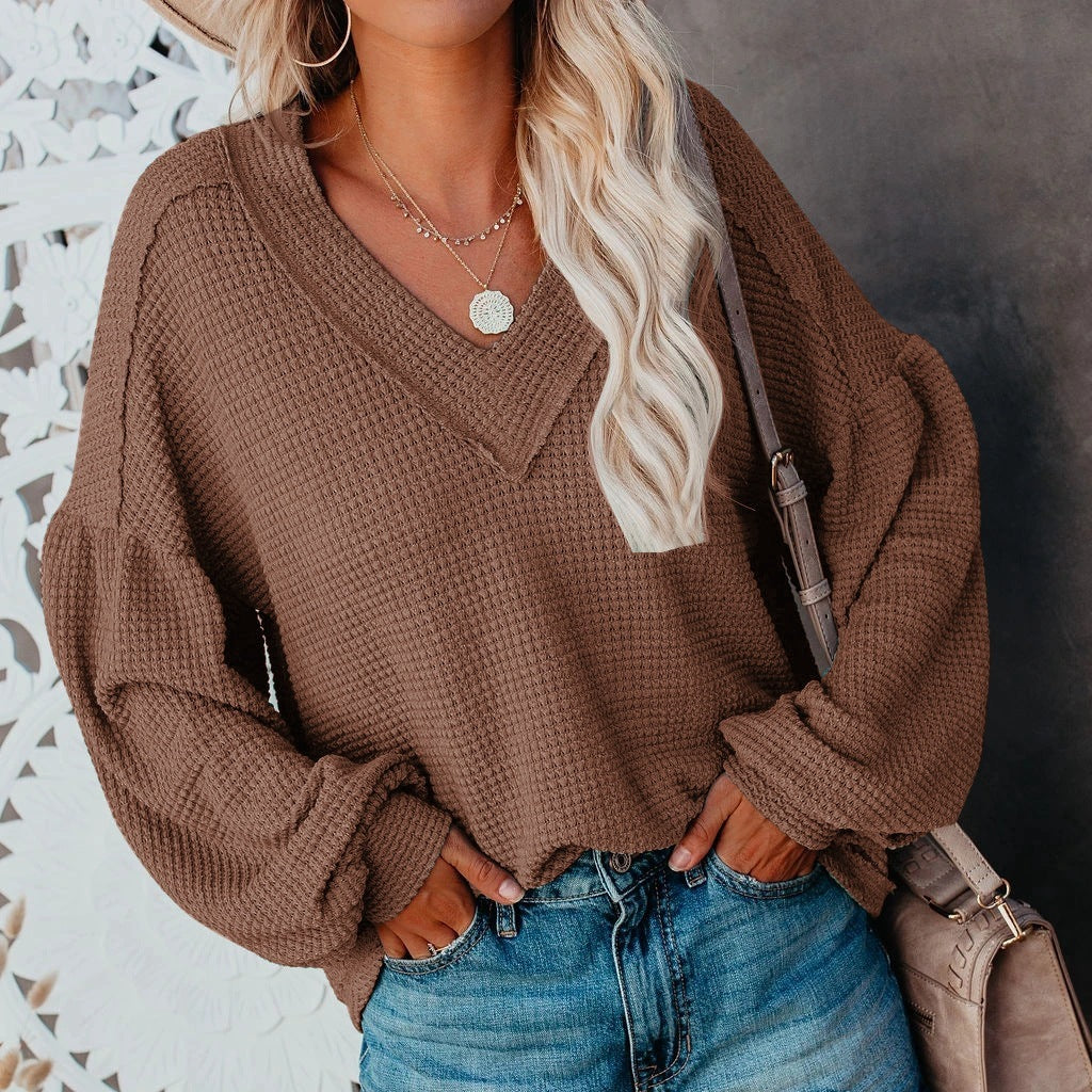 WW | Lockeres Damen V-Ausschnitt T-Shirt Mit Laternenärmeln