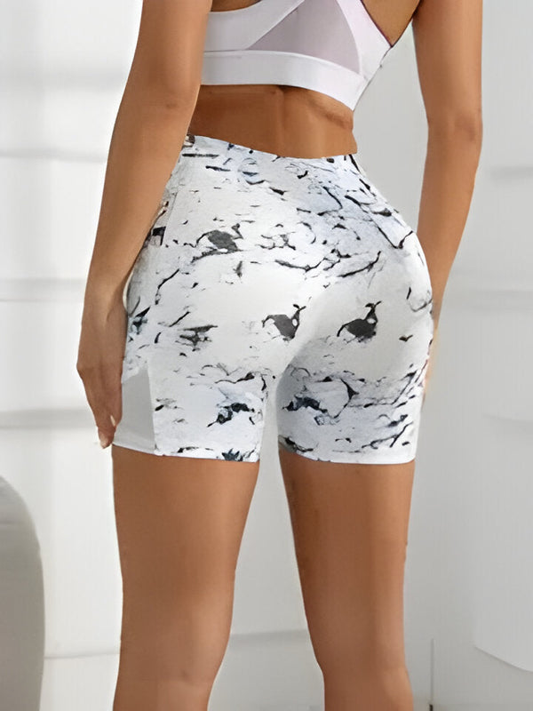 WW | Damen Sportshorts Mit Hoher Taille Und Marmordruck Und Taschen