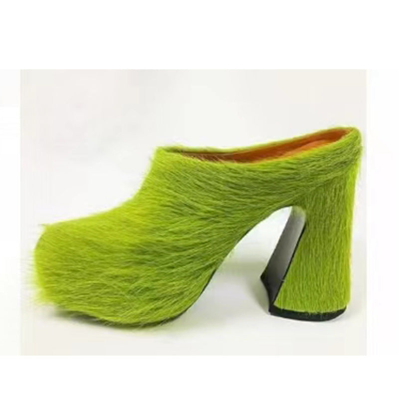 WW | Geschlossene Zehe Rosshaar Chunky Heel Wasserdichte Plattform Slipper
