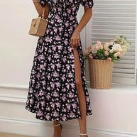 WW | Schickes Kleid mit Puffärmeln Im A-Linien-Stil mit Blumendruck