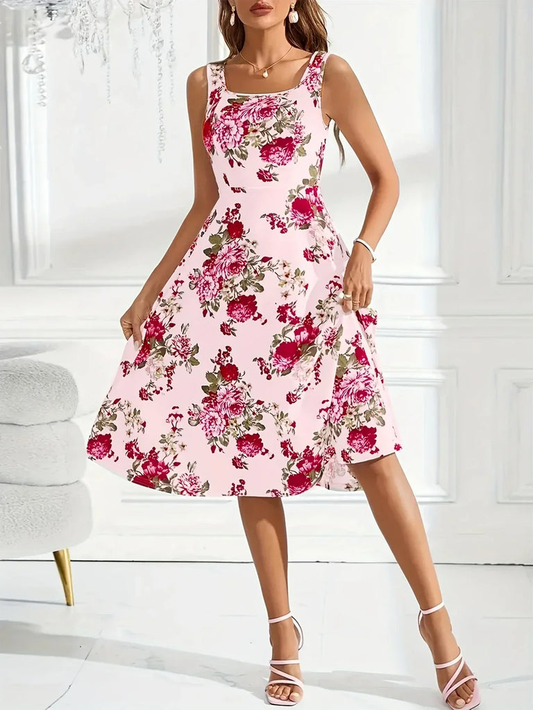 WW | Blumenmuster Midi Kleid A-Linie Ohne Rücken Ohne Ärmel Perfekt für Sommer