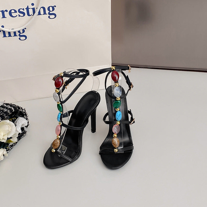 WW Stiletto Heel Perlen Schnalle Sandalen