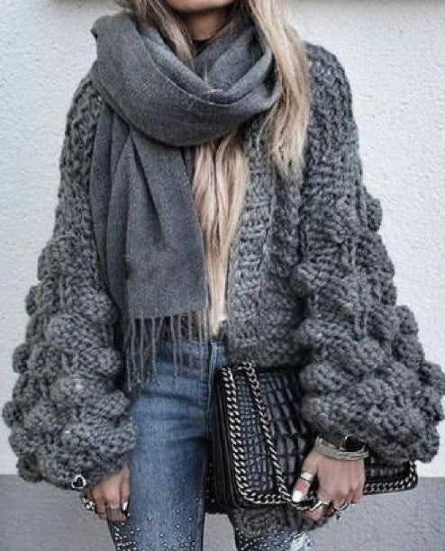 Damen Grob gestrickter Oversized Cardigan mit voluminösen Ärmeln W&W Mode