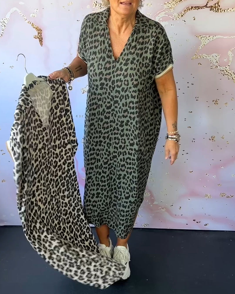 WW | Kurzärmliges Kleid mit Leopardenmuster und V-Ausschnitt