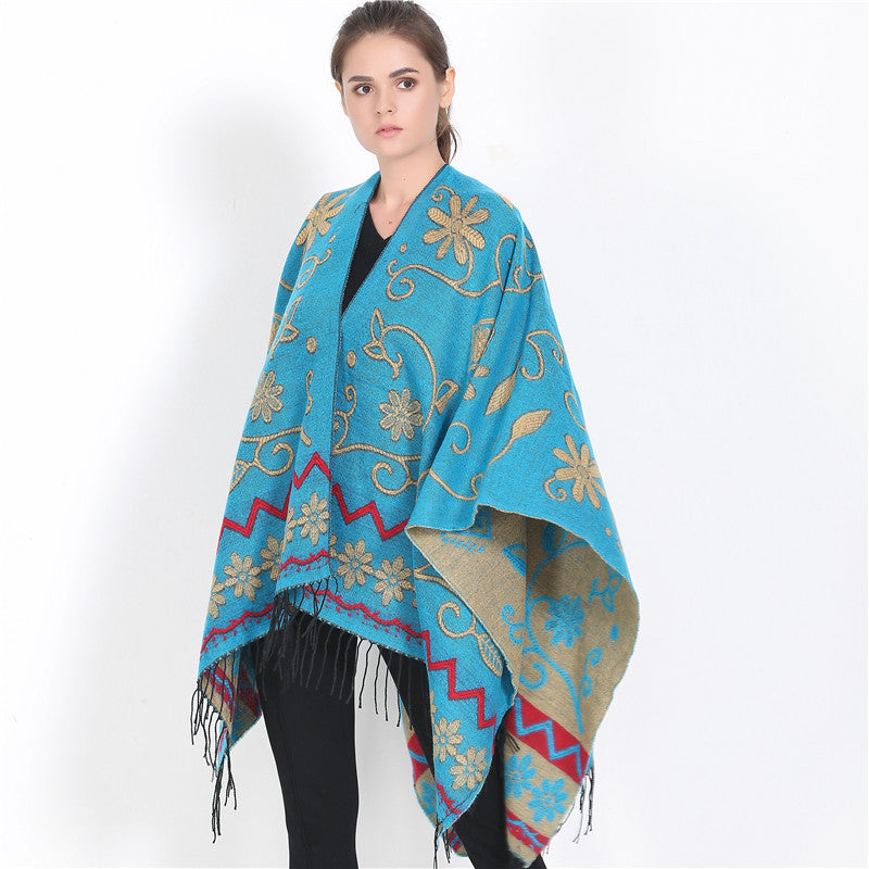 Damen eleganter Poncho mit frischem floralem Design und fransigen Kanten WW