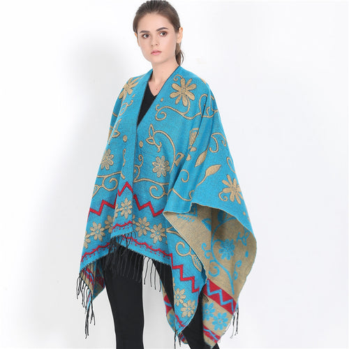Damen eleganter Poncho mit frischem floralem Design und fransigen Kanten WW
