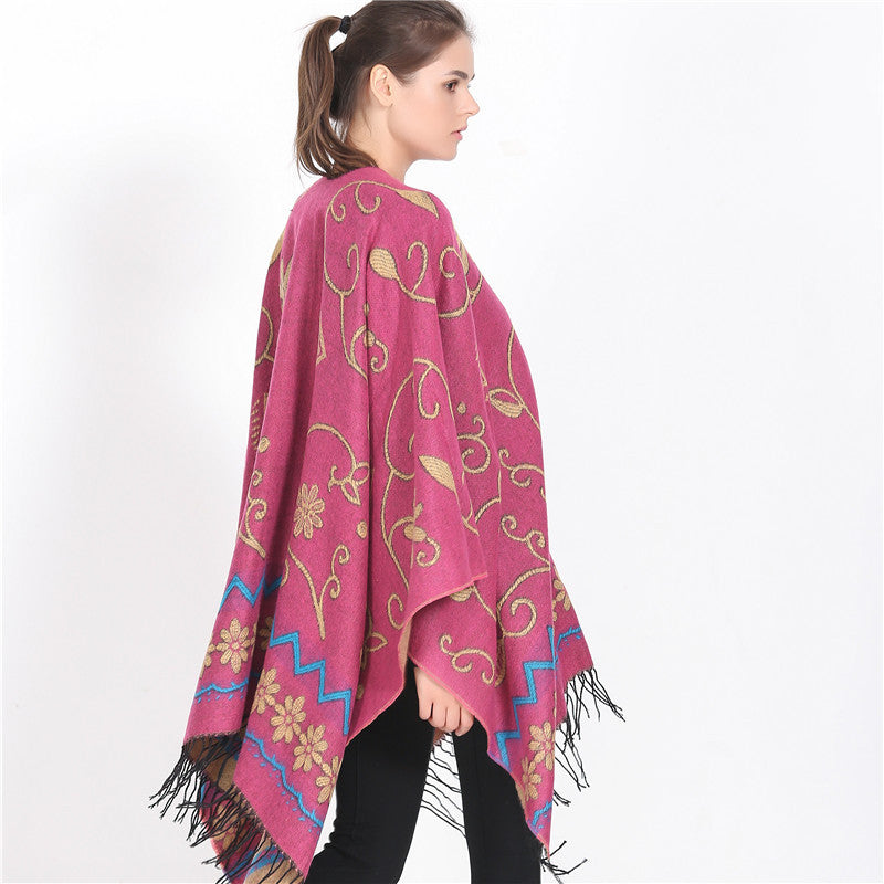 Damen eleganter Poncho mit frischem floralem Design und fransigen Kanten WW