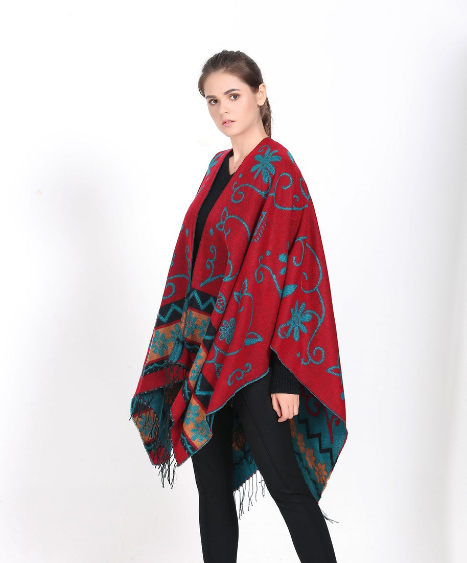 Damen eleganter Poncho mit frischem floralem Design und fransigen Kanten WW