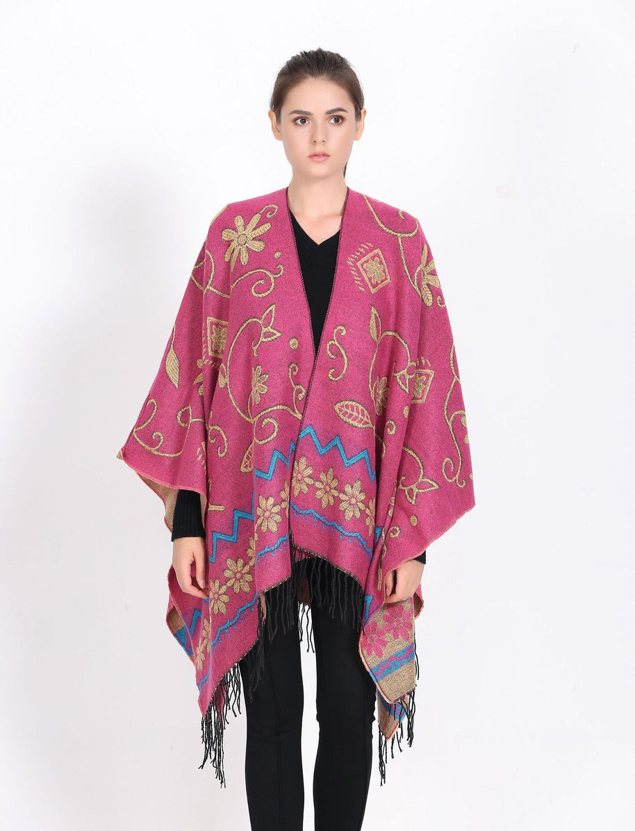 Damen eleganter Poncho mit frischem floralem Design und fransigen Kanten WW