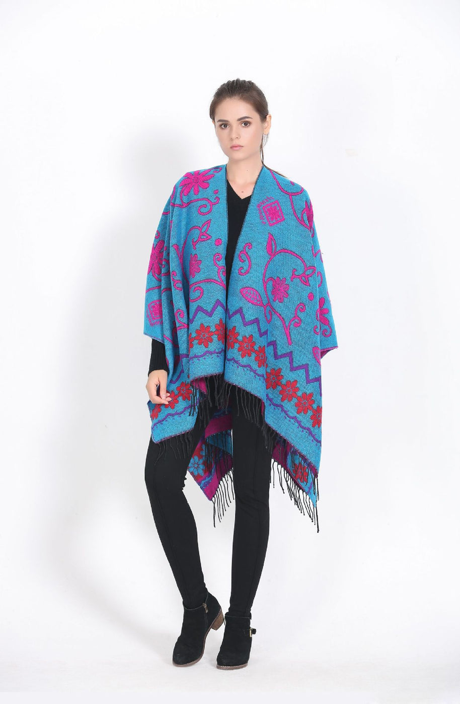 Damen eleganter Poncho mit frischem floralem Design und fransigen Kanten WW