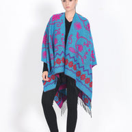 Damen eleganter Poncho mit frischem floralem Design und fransigen Kanten WW