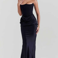 WW | Elegante Bustier-Patchwork Formelle Party Fishtail Maxi Kleider-Schwarz
