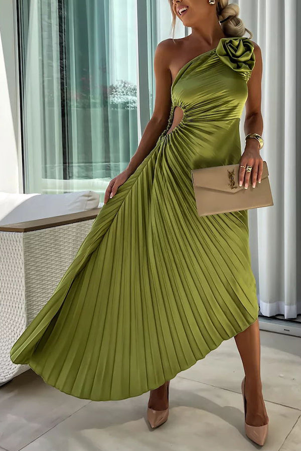 WW | Romantische Nächte Satin Erhabenes Blumen Elastisches Cutout Ein-Schulter Plissee Maxi Kleid