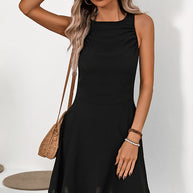 WW | Einfarbiges Schwarzes Volant Saum Lässiges Mini Kleid