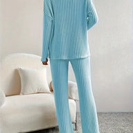 WW 2-teiliges Set | Eleganter gerippter Damenanzug mit V-Ausschnitt-Pullover und passender Hose