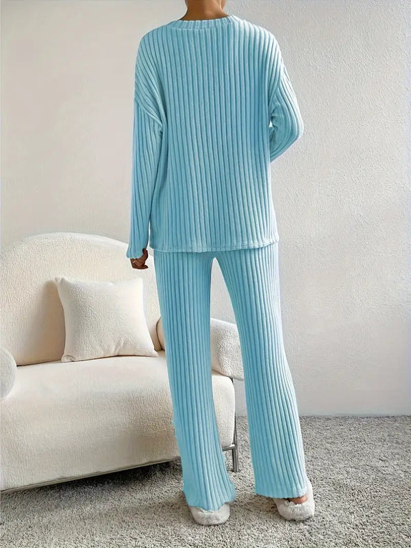 WW 2-teiliges Set | Eleganter gerippter Damenanzug mit V-Ausschnitt-Pullover und passender Hose