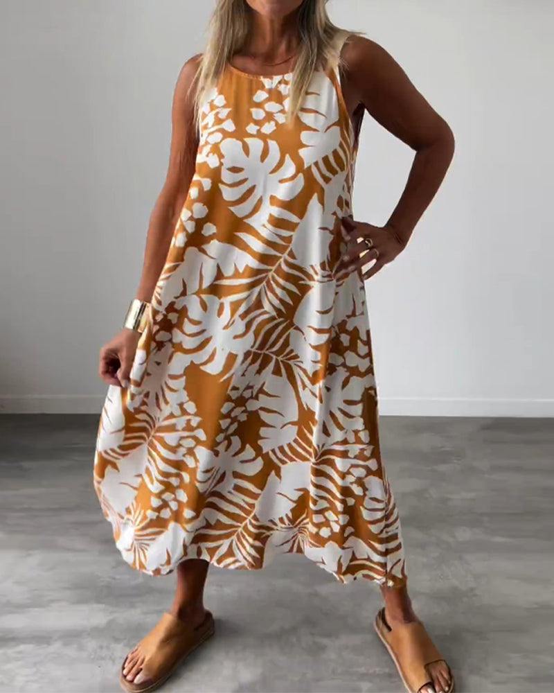 WW | Lässiges, Ärmelloses Kleid mit Blattmuster