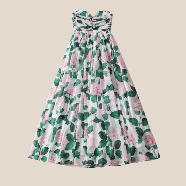 WW | Trägerloses Maxikleid mit Blumenmuster und gerafftem Oberteil