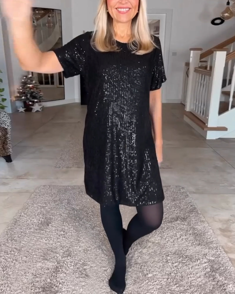 WW | Kurzarmkleid mit Rundhalsausschnitt und Pailletten
