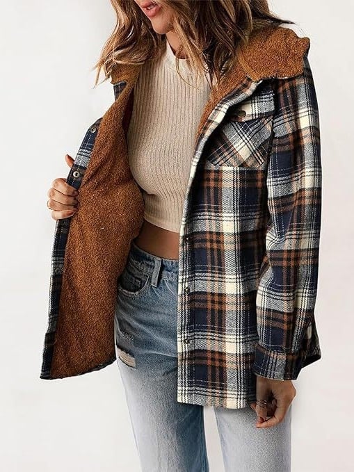 W&W Mode | Plaid Jacke Langarm Schnalle Wolle mit Kapuze