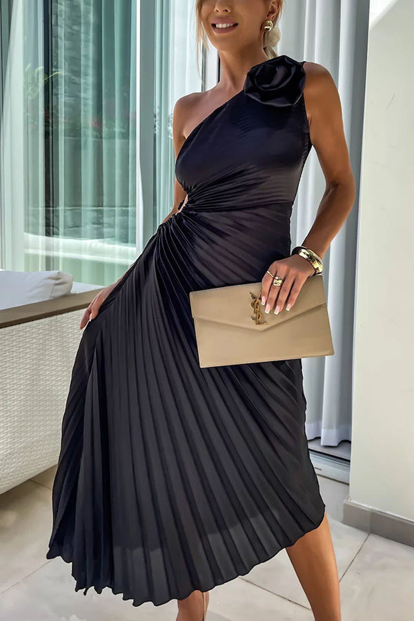 WW | Romantische Nächte Satin Erhabenes Blumen Elastisches Cutout Ein-Schulter Plissee Maxi Kleid