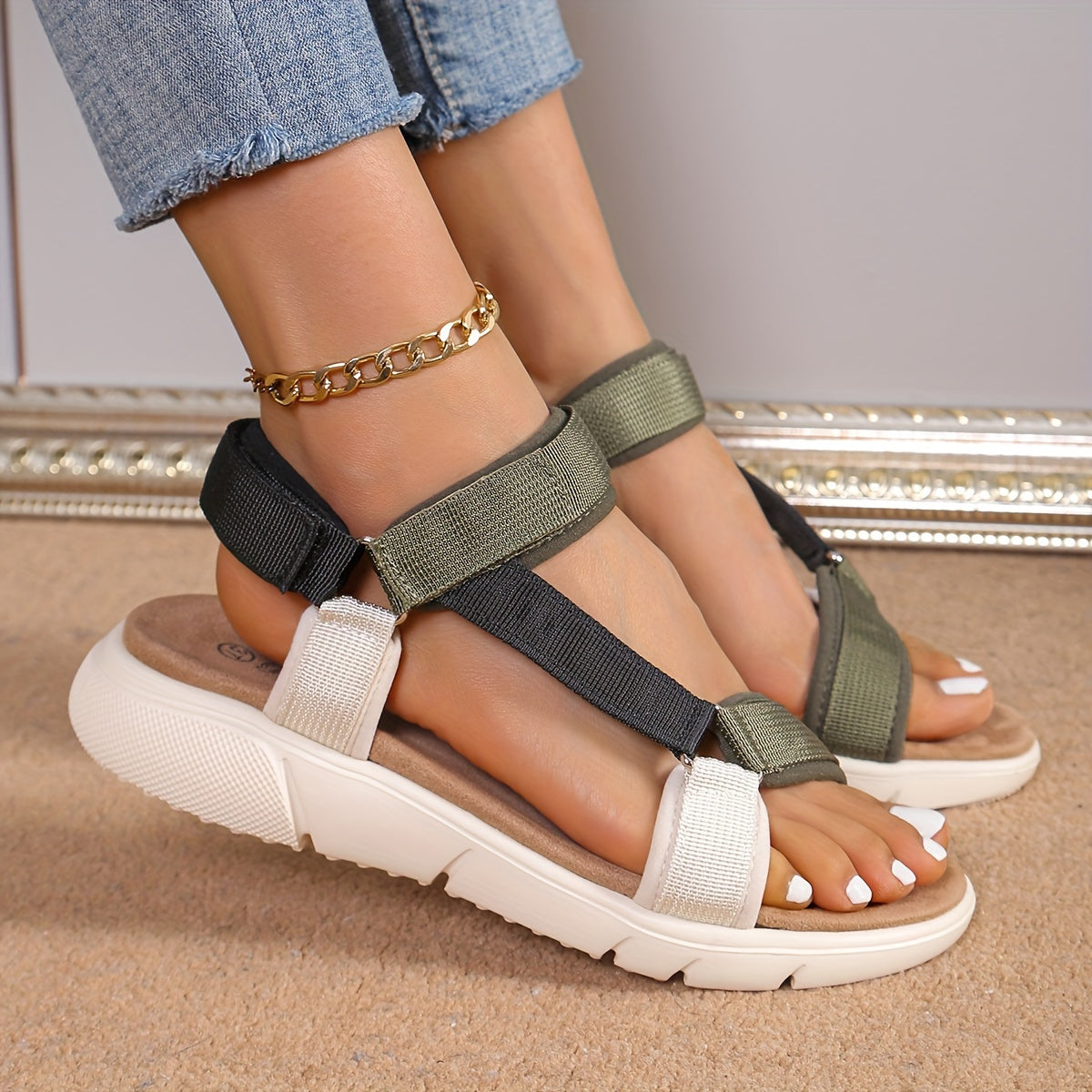 WW | Damen Sandalen: Farbblock, Rutschfest, Elegant, Leicht, Outdoor, Sommer