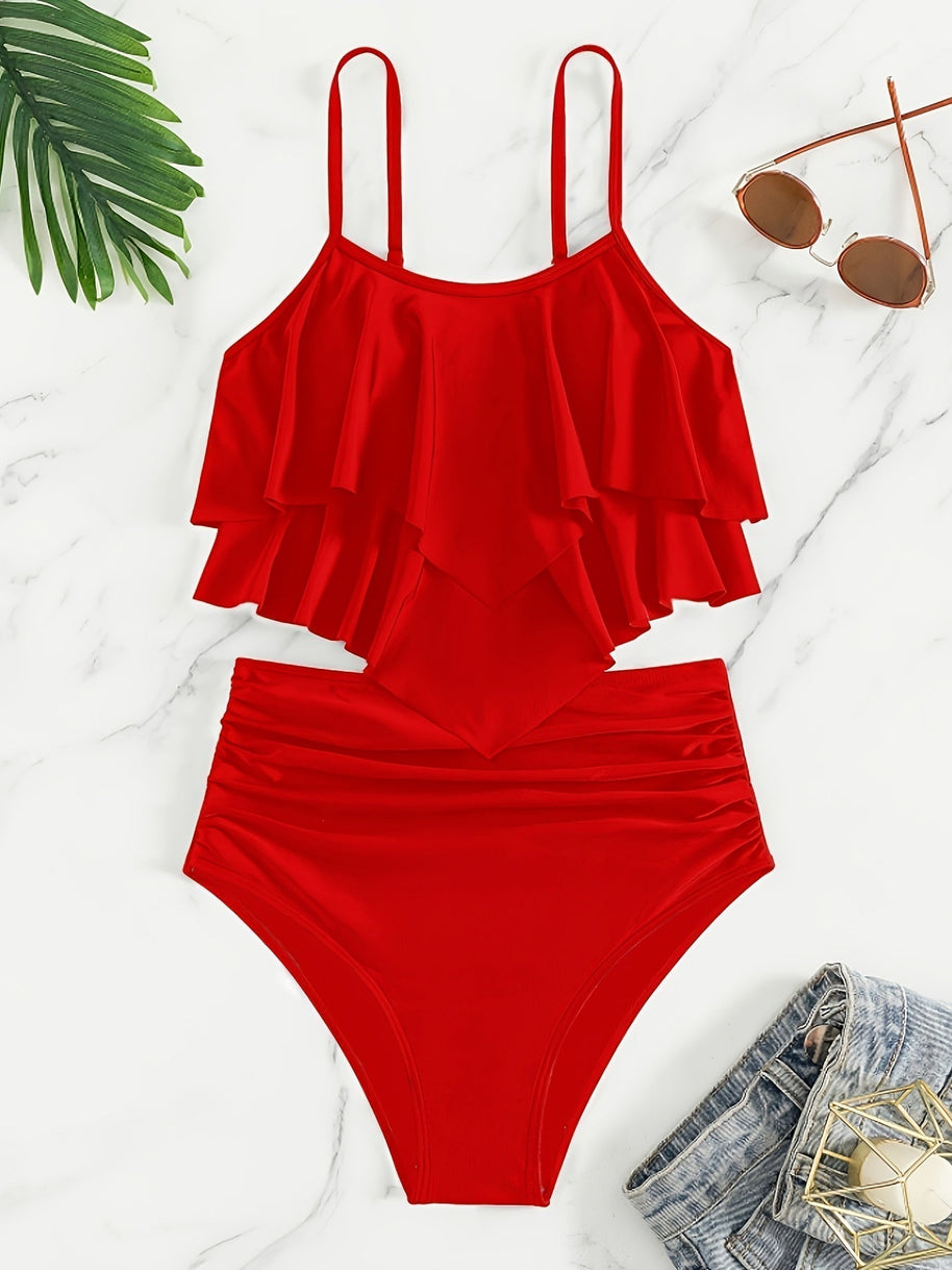 WW | Raffung, Geschichtete Zweiteiliges Schwarzes Tankini für Damen