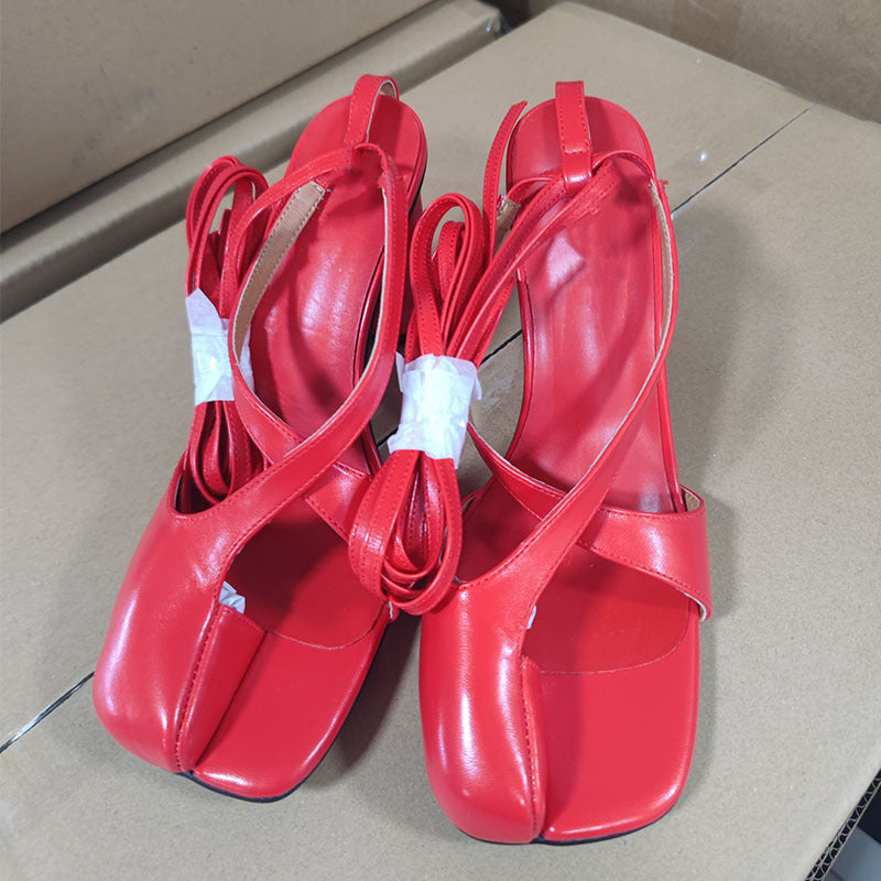 WW | Rund Kopf Chunky Absatz Hoher Absatz Kreuzriemen Plus Größe Aushöhlte Sandalen
