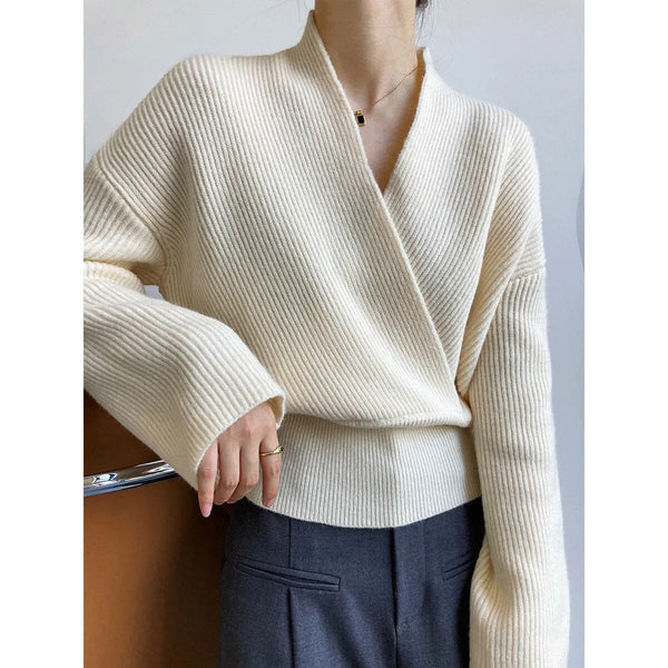 WW | Klassischer Herbst Wickelpullover mit Statement Ausschnitt für Frauen