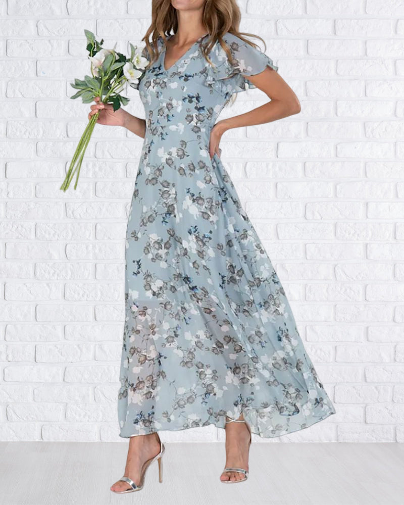 W&W Mode - Florales Maxikleid Damen | Chiffonstoff luftiges Sommerkleid | Maxikleid mit fließendem Rock