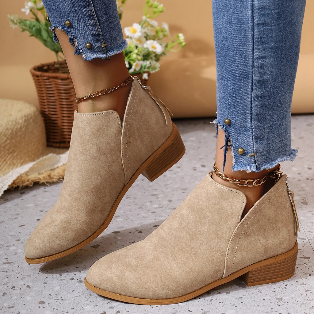 WW | Klassischer Stil Ankle Boots mit Holzabsatz und Einfacher Anziehhilfe Damen Ankle Boots