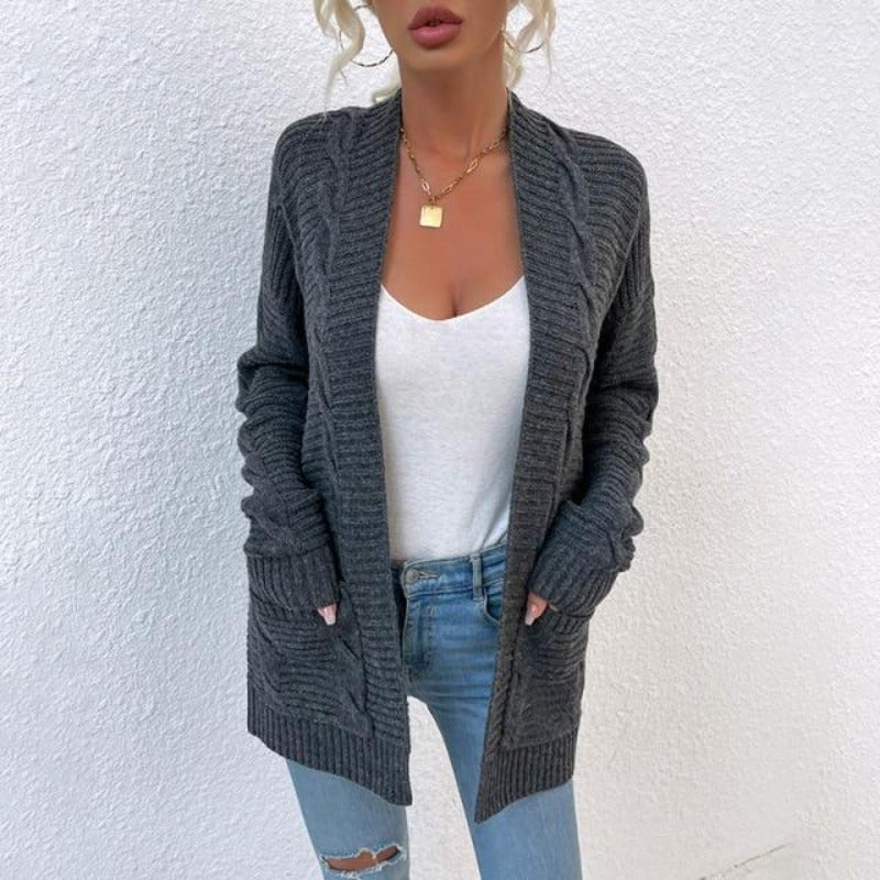 WW | Damen Strickjacke Mit Zopfmuster, Offenes Design, Lässig Und Bequem