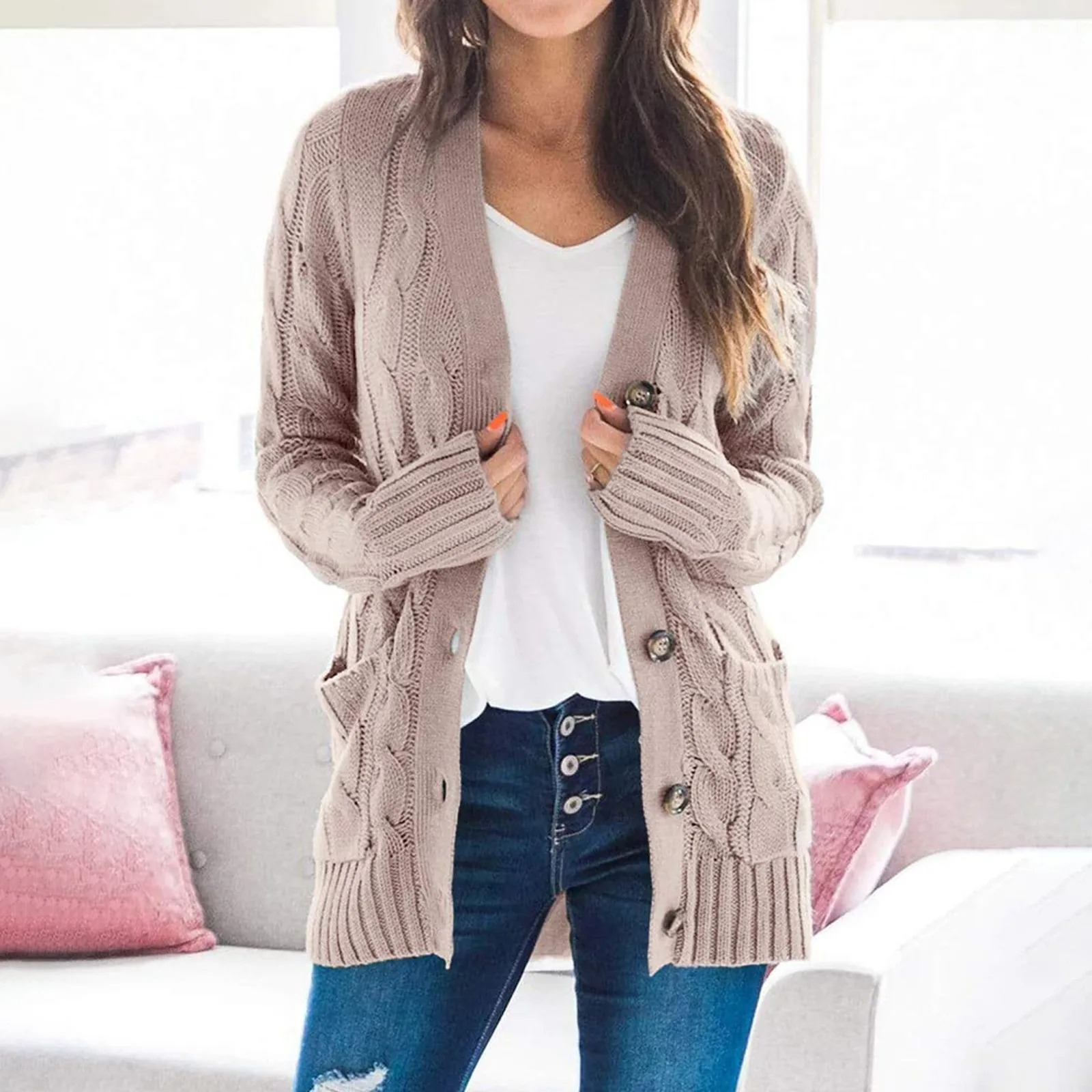 WW | Stylische Lange Strickjacke Für Damen Mit Knopfleiste