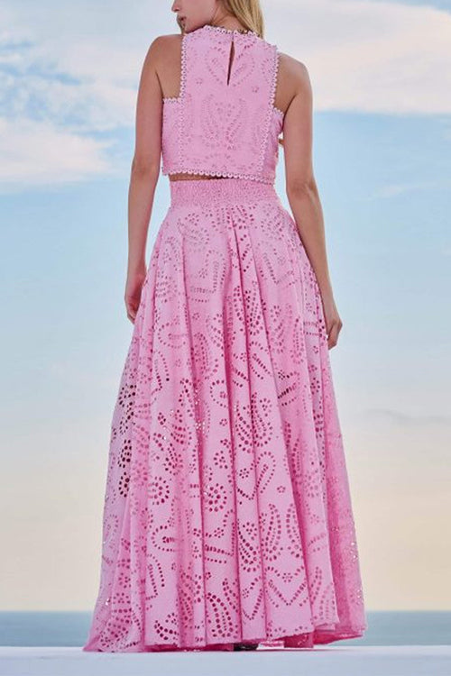 WW | Rosiedress Spitze Hollow Out Rundhals Crop Tank Top Hohe Taille Maxi Swing Rock Set