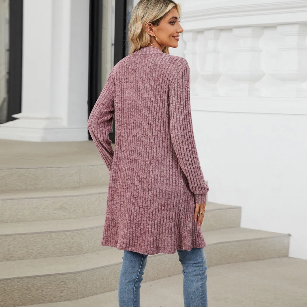 W&W Mode | Lange Strickjacken Damen Gerippte Offene Vorderseite Jacke mit Taschen