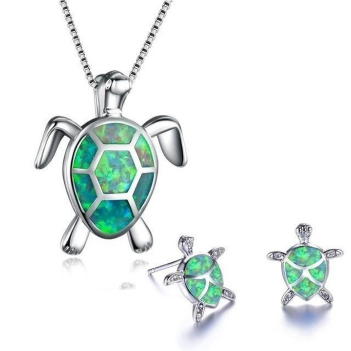 W&W Mode | Schildkröte Halskette + Ohrringe in Opal Und Silber Silber