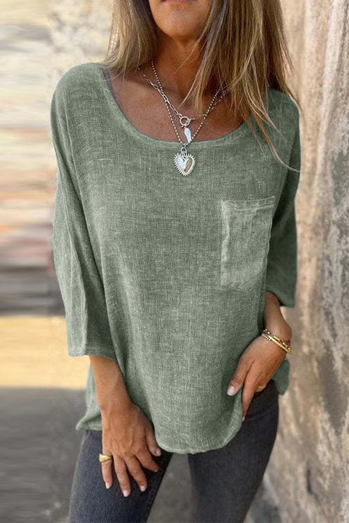 W&W Mode | Rosiedress 3/4 Ärmel mit Taschen Baumwolle Leinen Lässiges T-Shirt