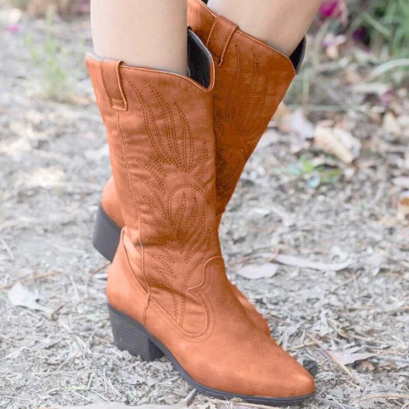 W&W Mode | Wildleder Knöchelhohe Stiefel mit Blockabsatz Cowboy Stiefel Damen