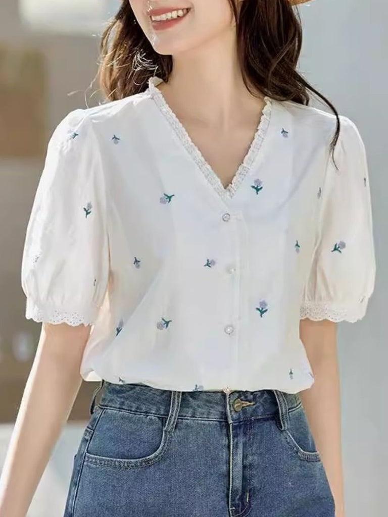 WW | Bestickte Kurzarm-Spitzen V-Ausschnitt Bluse Schwarz