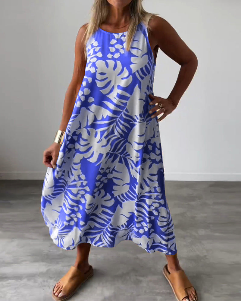WW | Lässiges, Ärmelloses Kleid mit Blattmuster