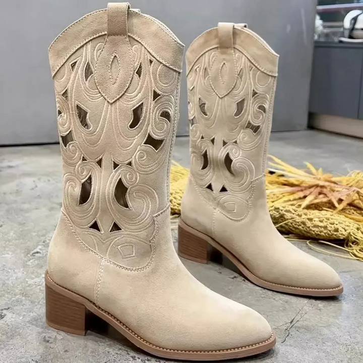 W&W Mode | Bestickte Westernstiefel Damen mit Dekorativen Ausschnitten, Cowboystiefel Damen