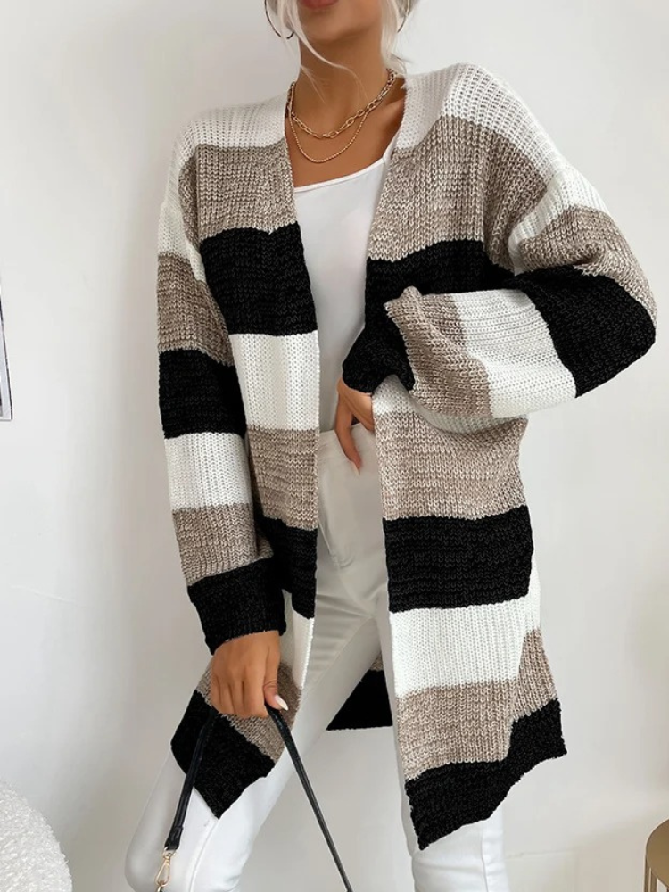 WW | Lange Westen Damen Gestreifter Strickjacke, Offene Vorderseite