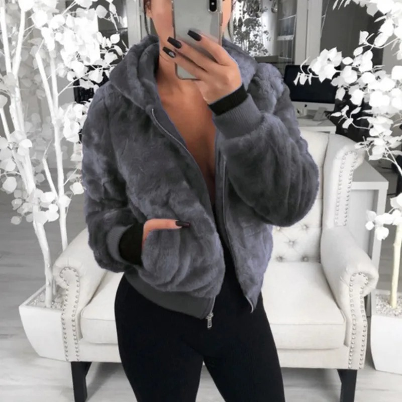 WW | Teddy Jacke Damen Kurzjacke Mit Kapuze Und Reißverschluss