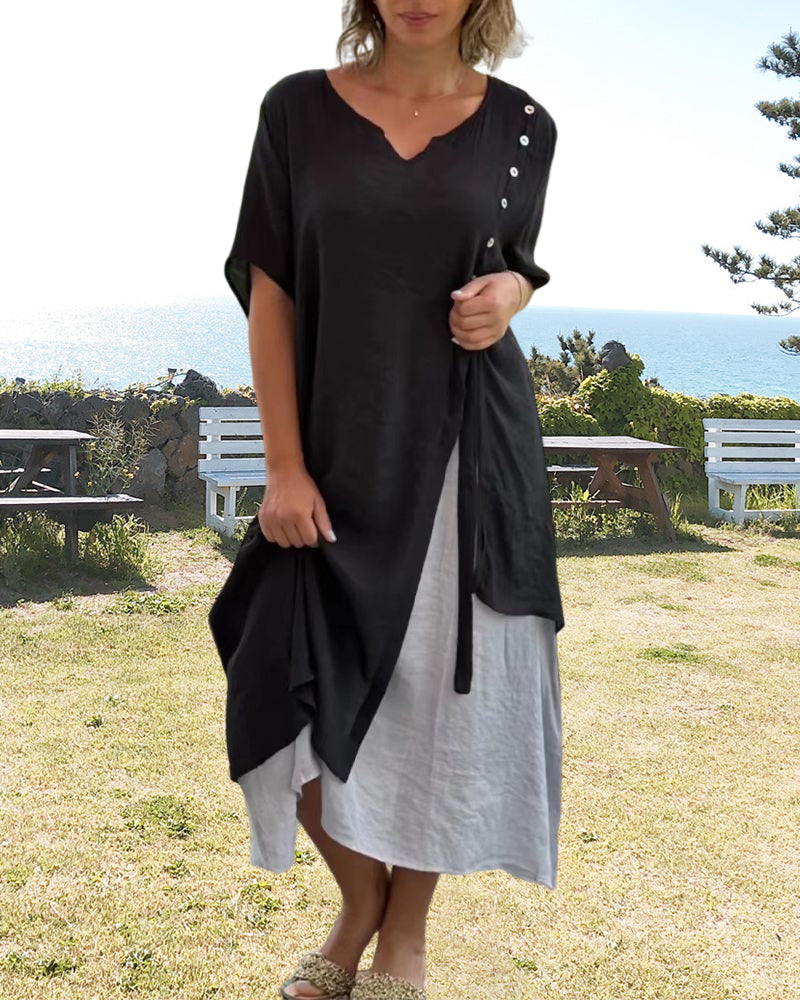 WW | Asymmetrisches Kleid mit kurzen Ärmeln und V-Ausschnitt