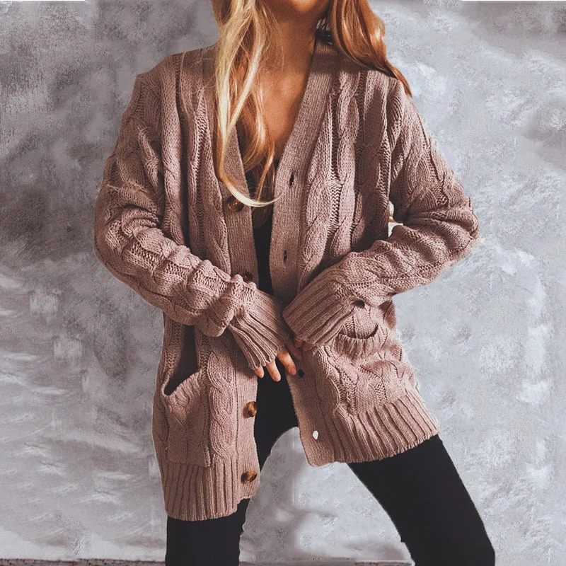 W&W Mode | Wollstrickjacke Damen Mit Zopfmuster Und Holzknöpfen, Lockere