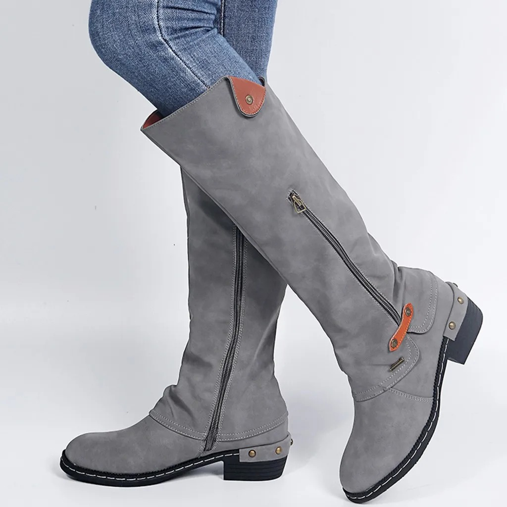 WW | Damen Knielange Stiefel Mit Reißverschluss Und Versteckter Tasche Praktische Hohe Stiefel