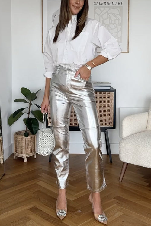 WW | Rosiedress High Rise Metallic Fauxleder-Cropped-Hose